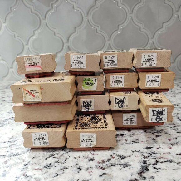 A Stamp In The Hand Co Wood Backed Rubber Stamp Lot Hearts Flowers Coffee Sun - Picture 10 of 10